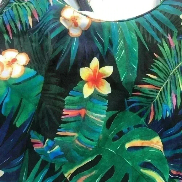 Tropical floral print one piece swimsuit off shoulder ruffle cut out back Large - Picture 3 of 10